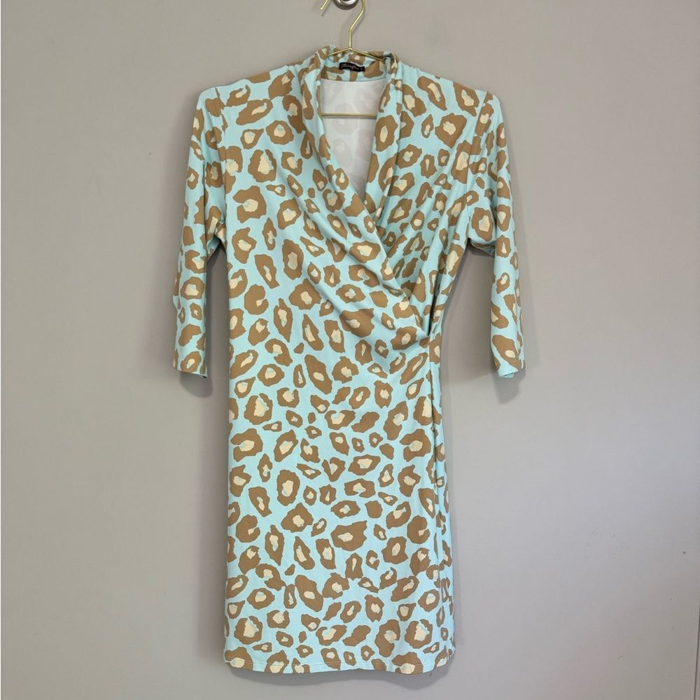 I McLaughlin Leopard Print 3/4 sleeve Faux Wrap Dress